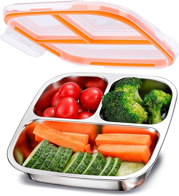KTKUDY Stainless Steel Snack Container - Kids Lunch Container with 3 Compartment - Divided Meal Prep Bento Box for Kids Daycare, School, Work, Travel