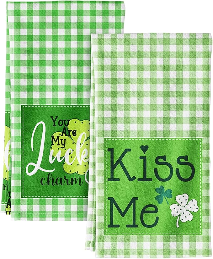 Miss Adola St. Patrick's Day Kitchen Towels Set of 2 - Flour Sack Tea Towels with Hanging Loop 18x26 Inch Green Lucky Charm Hand Dish Cloths Reusable Dishcloths Celebrate Patricks Day Decor