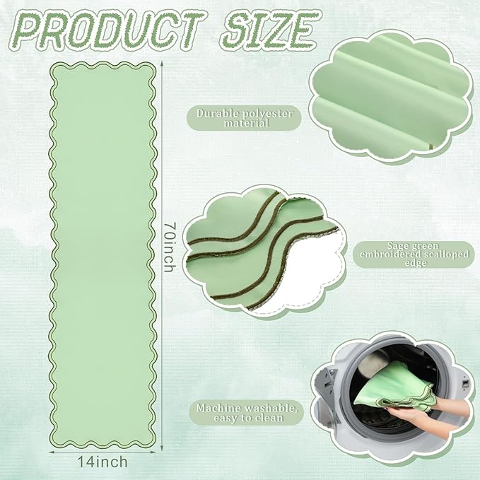 Scalloped Edge Table Runner 70 Inches Preppy Embroidery Edge Table Runner Cute Neutral Rustic Dining Decor for Kitchen(Moss Green,Sage Green)