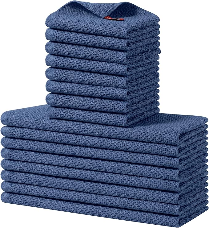 Homaxy 100% Cotton Kitchen Towels and Dishcloths Set, 12 x 12 Inches and 13 x 28 Inches, Set of 16 Bulk Kitchen Towels Set, Ultra Soft Absorbent Dish Cloths for Washing Dishes, Navy Blue