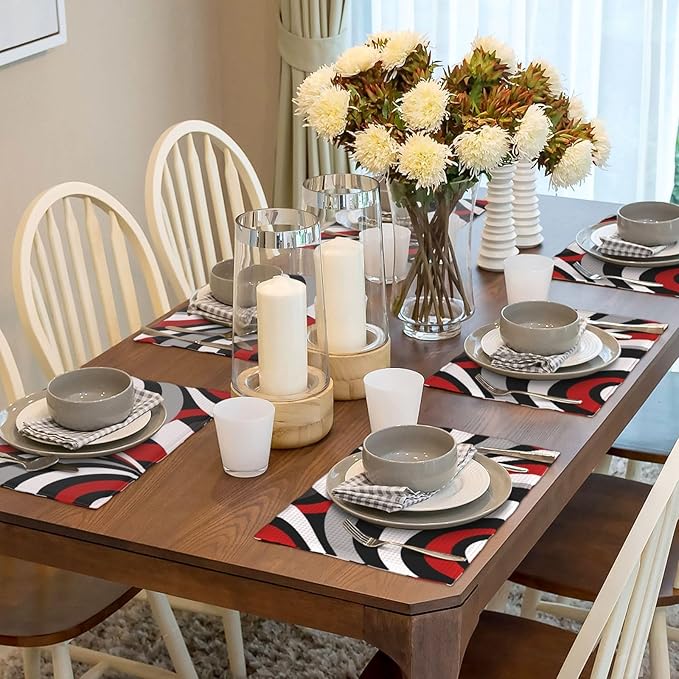 Black Red Retro Modern Swirl Linen Placemats Set of 4, Washable Heat Resistant Table Mats for Dining Table Kitchen Party Holiday Outdoor Farmhouse Gardening, Kitchen Home Decor, Black Red White Grey