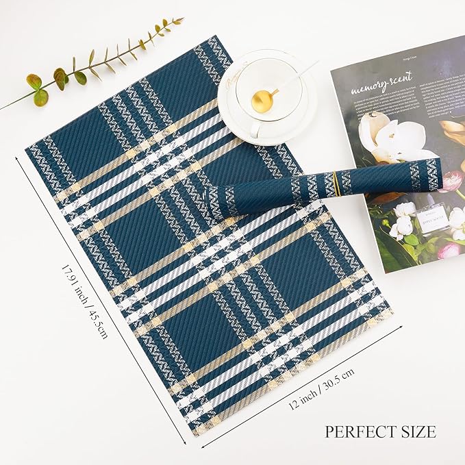 Placemats Set of 6, Washable Vinyl Place Mats Heat Resistant PVC Weave Table Mats for Dining Table Decoration Indoor/Outdoor Non-Slip Easy to Clean (Blue)