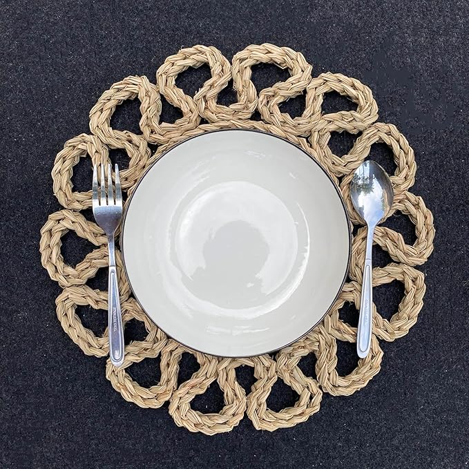 Laquedecraft 13.8" Set of 8 Round Seagrass Placemats | Boho Woven Rattan Table Mats | Farmhouse Wicker Spring Plate Chargers Like Water Hyacinth, Seagrass for Wedding, Party, Christmas, Events