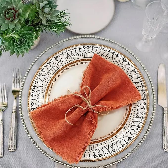Cotton Blend Fringe Cloth Napkins - Crinkle Gauze Dinner Napkins, Reusable & Washable Table Napkins, 17" x 17" (43 x 43 cm), Multiple Colors, 12/24/48/100 Pack (24, Terracotta)