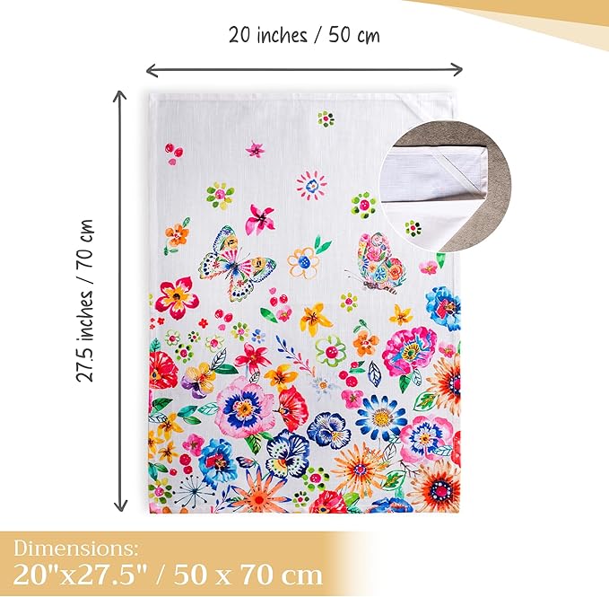 Maison d' Hermine Kitchen Towels Set of 3 100% Cotton 27.50" x 20" Reusable Cloth Tea Dish Towels Absorbent with Hanging Loop for Gifts for Mothers Day Spring/Summer (Happy Florals - High Summer)