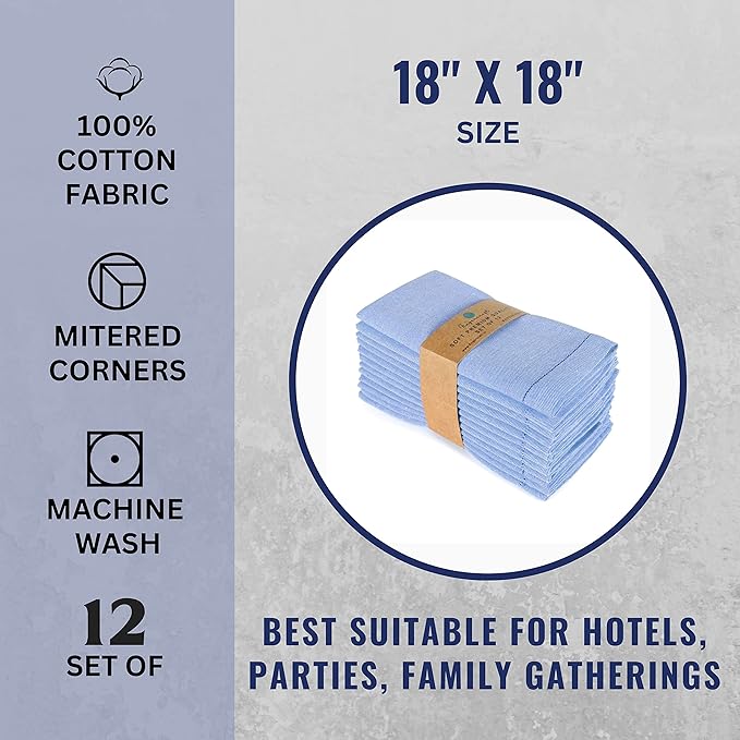 Fingercraft Cloth Napkins, Dual Color Hemstitched Design Dinner Napkins, Everyday Use,Premium Quality Cotton Napkins Perfect for Parties Dinners Weddings Christmas Set of 12, 20 inch Blue White