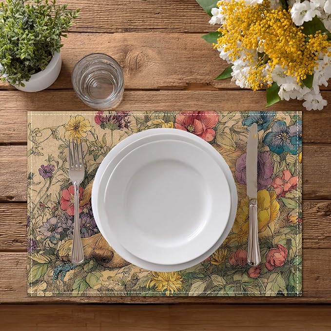 HOMETITUTE Placemats Set of 4 12x18 inch Dog Pattern Spring Table Mats for Dining Table Linen Placemats Farmhouse Decorations Kitchen Decor Desk Mat for Outdoor Home Party Kitchen Seasonal Dining