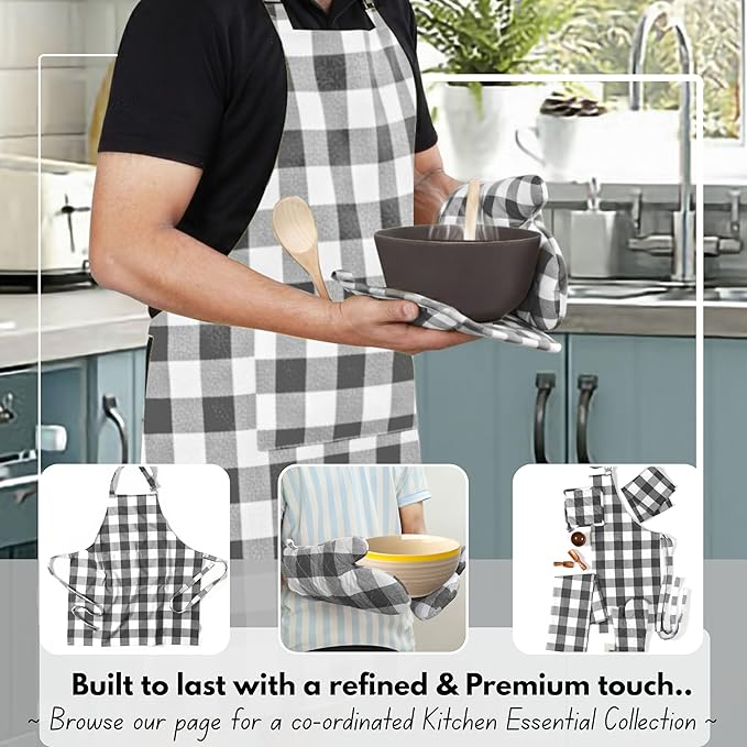 Native Fab Buffalo Plaid Check Oven Mitts and Pot Holders Set of 4, 100% Cotton Heat Resistant Kitchen Gloves, 2 Oven Mitts (7x13), 2 Pot Holders (8x8) for Cooking & Baking, Steel Grey White