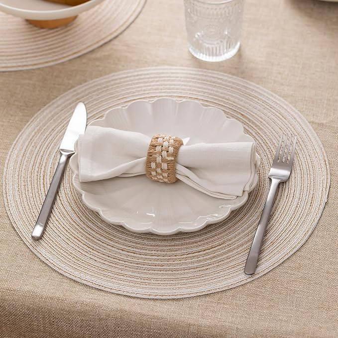 Round Placemats Set of 6 Woven Placemats Washable Braided Table Mats for Dining Table Heat Resistant Non-Slip Circle Place Mats(Cream)