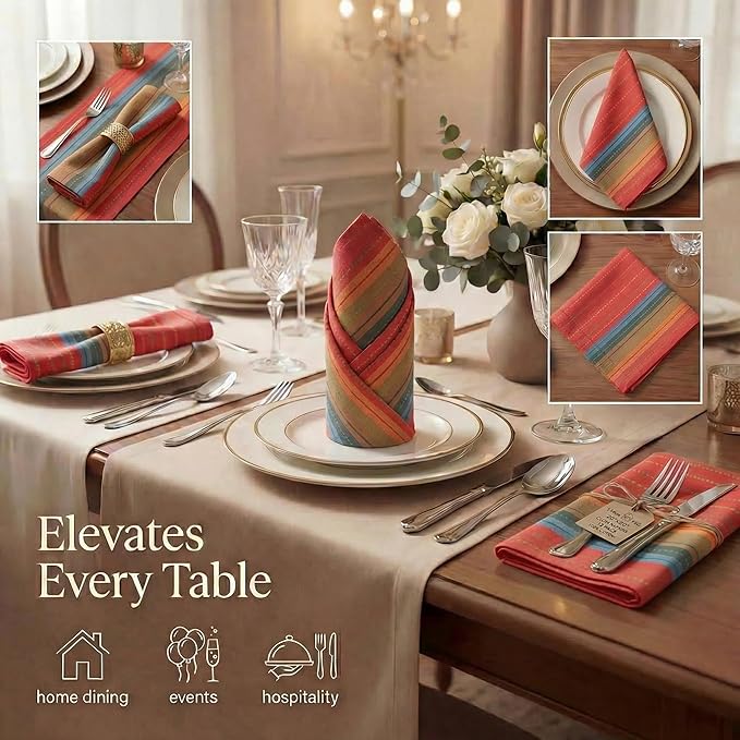 Urban Villa Cloth Napkins Cuisine Stripes 100% Cotton Absorbent Dinner Napkins Set of 12 (20x20) Soft Durable Washable Reusable Napkins for Hotel Lunch Restaurant Lunch Everyday Use - Red Multi
