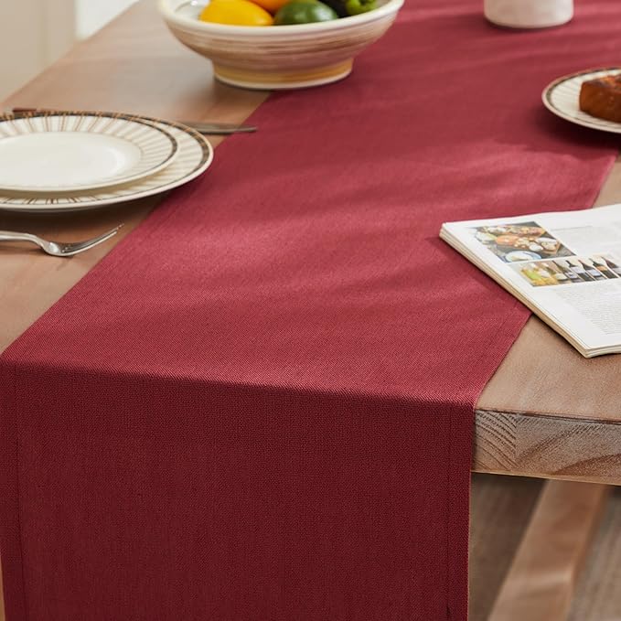 ZeeMart Rustic Cotton Linen Table Runner, 13x108 Inches Burgundy, Farmhouse Style Red Table Runners 108 Inches Long, Washable Kitchen Dining Table Decoration for Home Party Decor