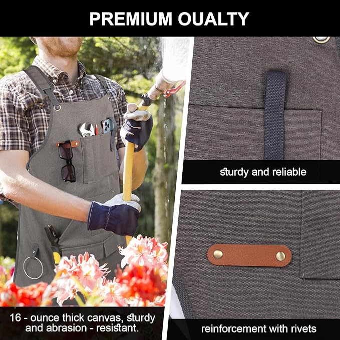 Men's Canvas Tool Apron, Heavy Duty Multi-Pocket Work Apron for Woodworking Gardening Bartender Adjustable Straps
