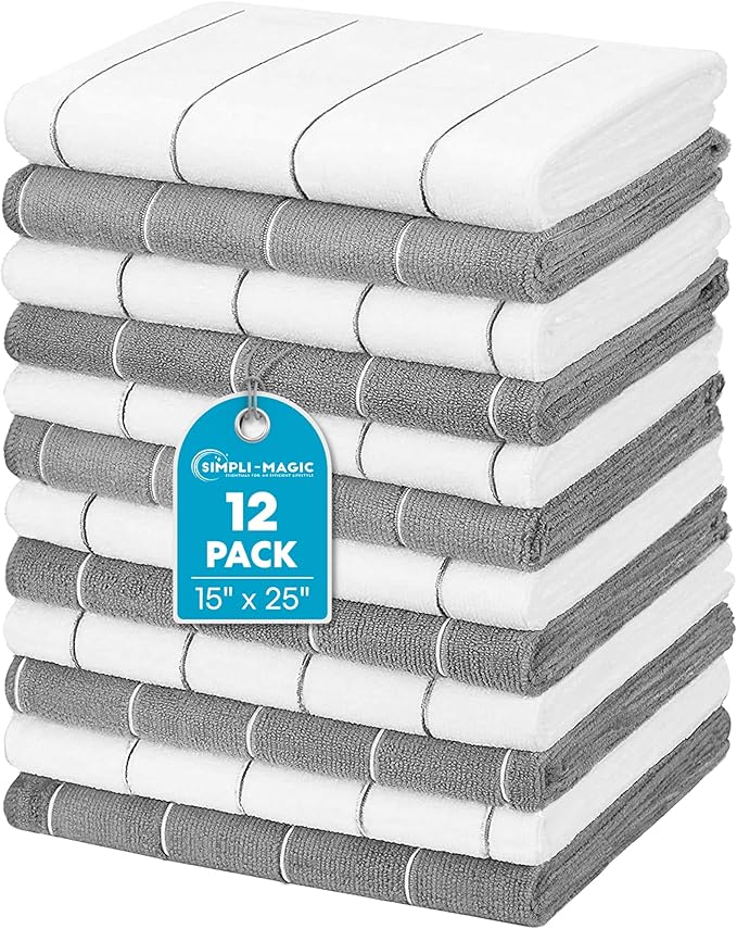 Simpli-Magic 79291 Microfiber Kitchen Towels, Grey/White, 15"x25", 12 Pack