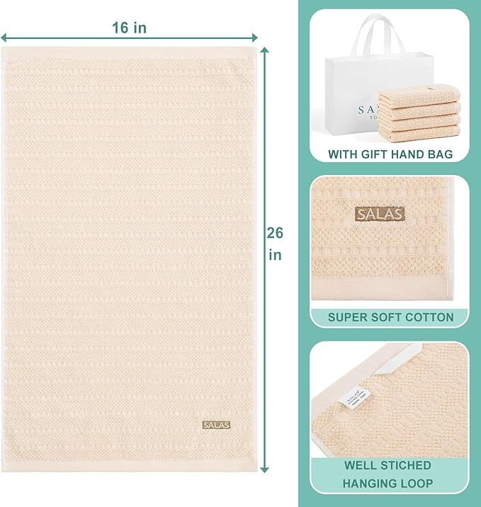 SALAS Kitchen Dish Towels, Bulk Cotton Kitchen Hand Towels, Black Plaid Dish Cloths Rags for Drying Dishes with Hanging Loop, 16‘’ x 26‘’, 3 Packs, Beige