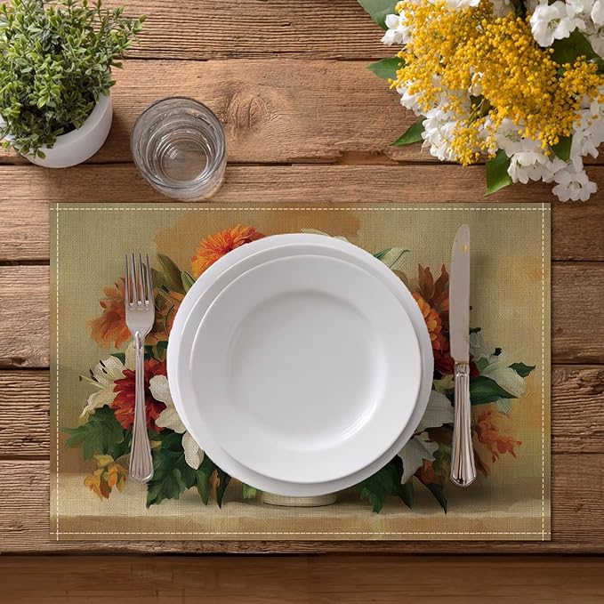 HOMETITUTE Placemats Set of 4 12x18 inch Floral Bouquet Pattern Spring Table Mats for Dining Table Linen Placemats Farmhouse Decorations Kitchen Decor for Outdoor Home Party Kitchen Seasonal Dining