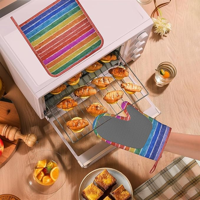 Colorful Graffiti Oven Mitts and Pot Holders Sets Rainbow Silicone Heat Resistant Kitchen Oven Gloves Pot Holder for Cooking Baking Grilling BBQ