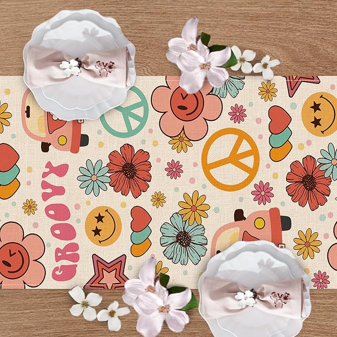 Groovy Hippie Daisy Flower Dining Table Runner, Vintage Bus Floral Peace and Love Burlap Kitchen Decoration, Retro Smiling Face Indoor Outdoor Home Decor Party Supply 13 x 72 Inches