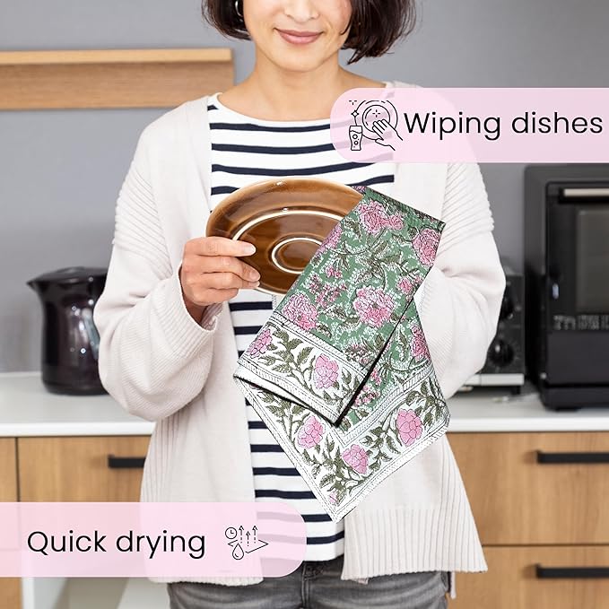 CPC Pink Tourmaline Hand Block Print Waffle Kitchen Towel Set of 3-16 x 28 Inch Ultra Absorbent Quick Dry Cotton Lightweight Reusable Sustainable Tea Towels for Cleaning and Drying Gift for Christmas