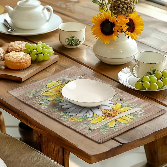 Spring Summer Floral Set of 4 Sunflower Daisy Eucalyptus Leaf Wooden Board Place Mats 12x18 Inch Rustic Vintage Flowers Farmhouse Table Mats for Home Kitchen Dining Decoration