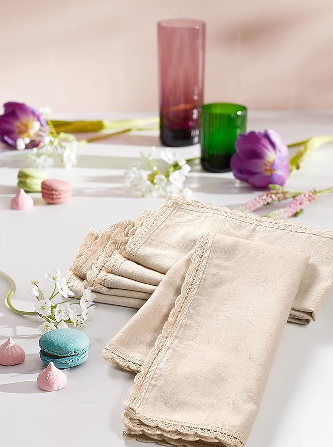 Hausattire Cloth Napkins 12 Pack 20x20 Inches Flax Cotton Washable and Reusable Table Dinner Napkins with Lace for Hotel,Easter Basket Decor| Highly Absorbent Cloth Napkins|Natural