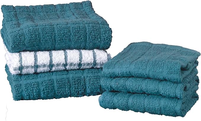 Ritz Premium Kitchen Towel and Dish Cloth Value Set: Highly Absorbent, Super Soft, Long-Lasting, 100% Cotton Checked and Solid Hand Towels, Tea Towels, Bar Towels - 6 Pack, Atlantic