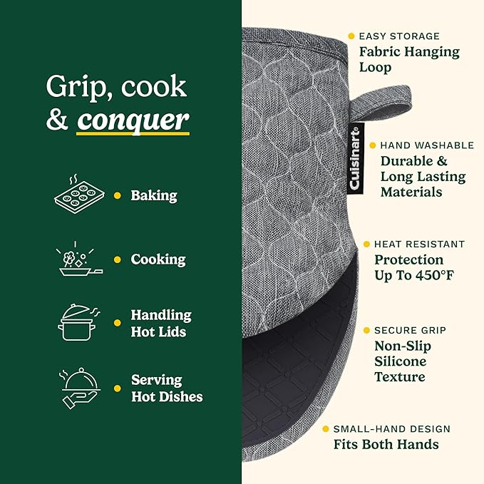 Cuisinart ShieldPro Silicone Oven Mitts – 5” x 8.5” Heat-Resistant Mini Kitchen Mitts for Oven with Non-Slip 100% Silicone Palm, Cotton Filling, and Hanging Loop (Black)