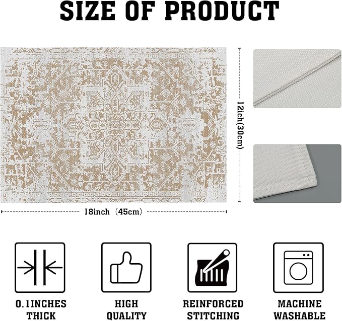 aportt Gray Khaki Boho Placemats Set of 6 Ethnic Bohemian Carpet Place Mats Washable Kitchen Dining Vintage Grey Geography Floral Linen Table Mats Stain Heat-Resistant for Home Party Indoor 12x18 in
