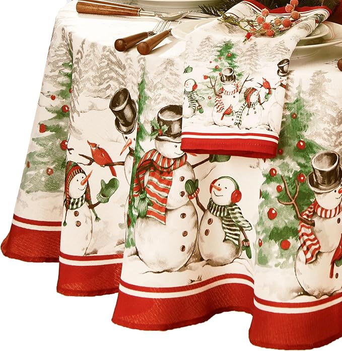 Elrene Home Fashions Snowman Winterland Holiday Wrinkle Resistant Snowflake Tablecloth, 60"X84", Oval