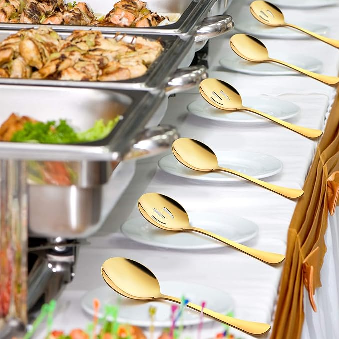 LIANYU 6-Piece Gold Serving Spoons, Stainless Steel Gold Slotted Spoons, Serving Utensils for Party Buffet Restaurant Banquet Dinner Catering, 8 3/4 Inch, Dishwasher Safe
