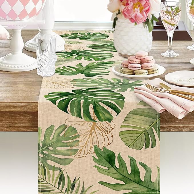 Seliem Summer Palm Leaves Tropical Greenery Table Runner, Monstera Home Kitchen Dining Plant Decor, Spring Seasonal Decorations Indoor Outdoor Hawaii Luau Anniversary Party Supply 13 x 120 Inch