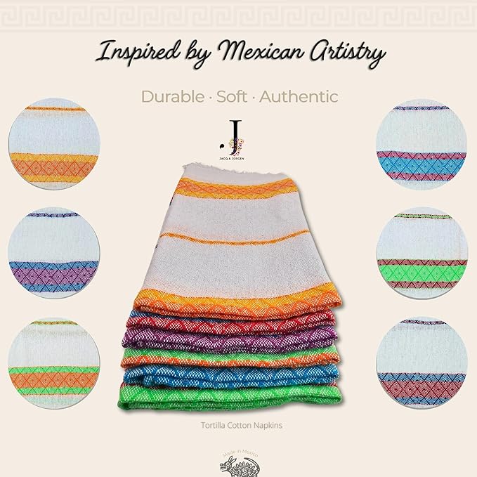 Jacq & Jürgen – Set of 6 Multicolor Cotton Cloth Napkins – 22"x18" – Dinner Table Linens or Tortilla Warmer Cloths - 100% Cotton - Premium Materials (Chevron White)