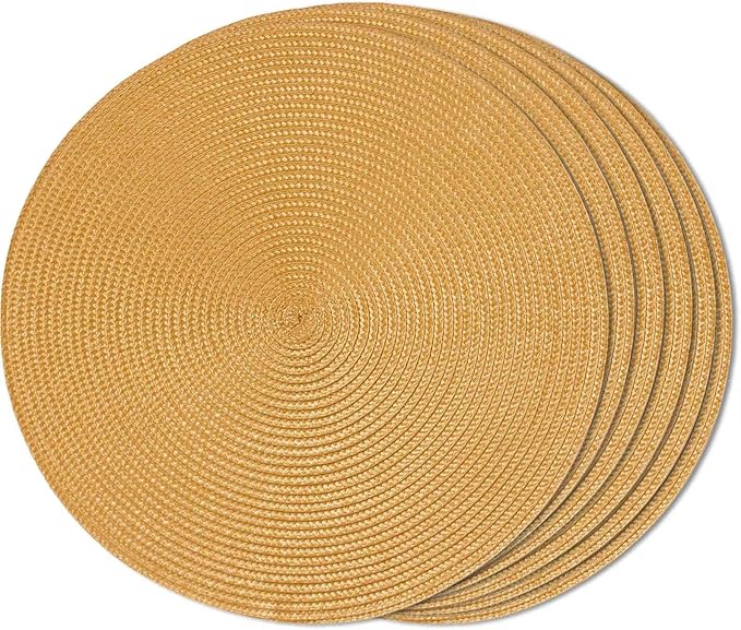 FunWheat Round Braided Placemats Set of 6 Table Mats for Dining Tables Woven Washable Non-Slip Place mats 15 Inch(Pumpkin Yellow, 6pcs