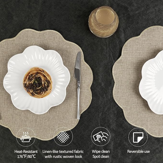 AHHFSMEI Round Faux Linen Placemats Set of 8 Heat Resistant Non-Slip Stain Proof Table Mats for Kitchen Dining Elegant Decor Place Mats (Linen Beige,8)