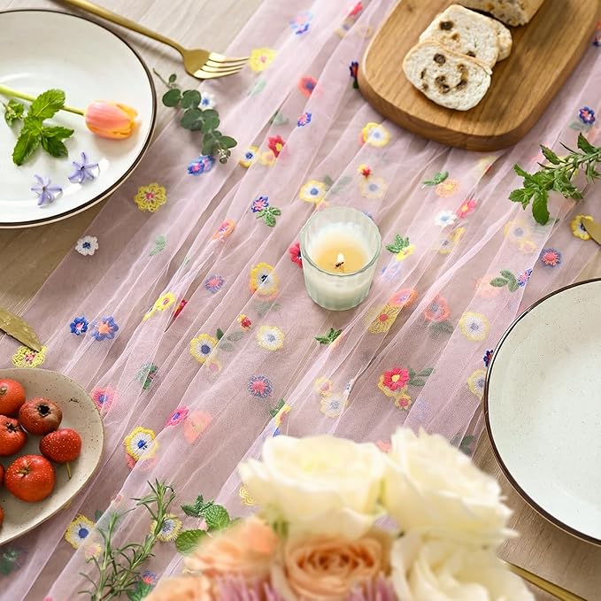 Artoid Mode Pink Embroidery Daisy Spring Gauze Table Runner 59x120 Inch 10FT, Seasonal Sheer Kitchen Dining Holiday Wedding Birthday Table Decor for Home Party