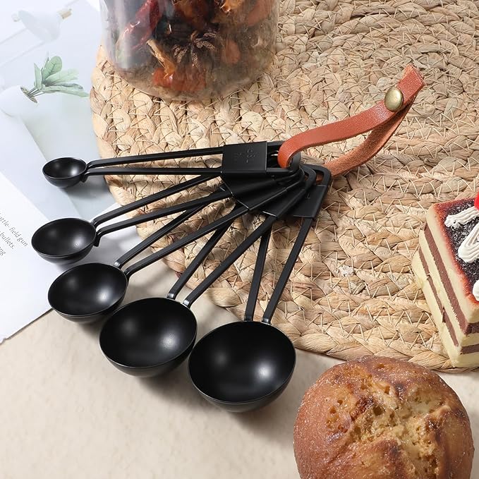 9 PCS Black Stainless Steel Measuring Cups and Spoons Set, Nesting Metal Measuring Cup with Ring Connector for Liquid and Dry Ingredients, Cooking and Baking (Black)