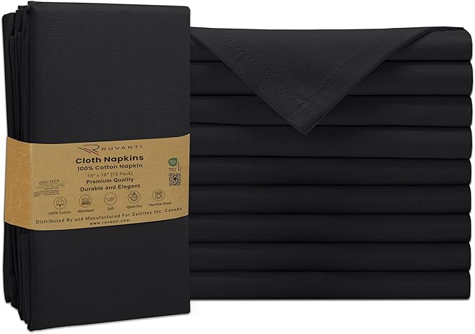 Ruvanti Cloth Napkins Set of 12, 100% Cotton High GSM 18x18 Inches Soft, Washable, Highly Durable & Absorbent, Perfect for Parties, Christmas, Thanksgiving Dinners – Black Beauty