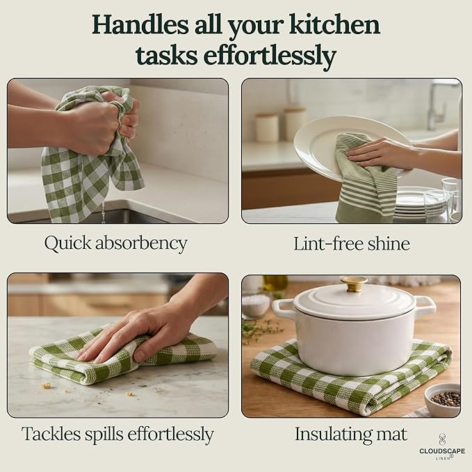 CLOUDSCAPE Kitchen Towels Set of 6 : Cotton-Blended Dish Cloths, Waffle Weave Quick-Drying Dish Towels for Kitchen Essentials, Highly Absorbent, Large 18”x28” Hand Towels with Hanging Loop -Sage Green