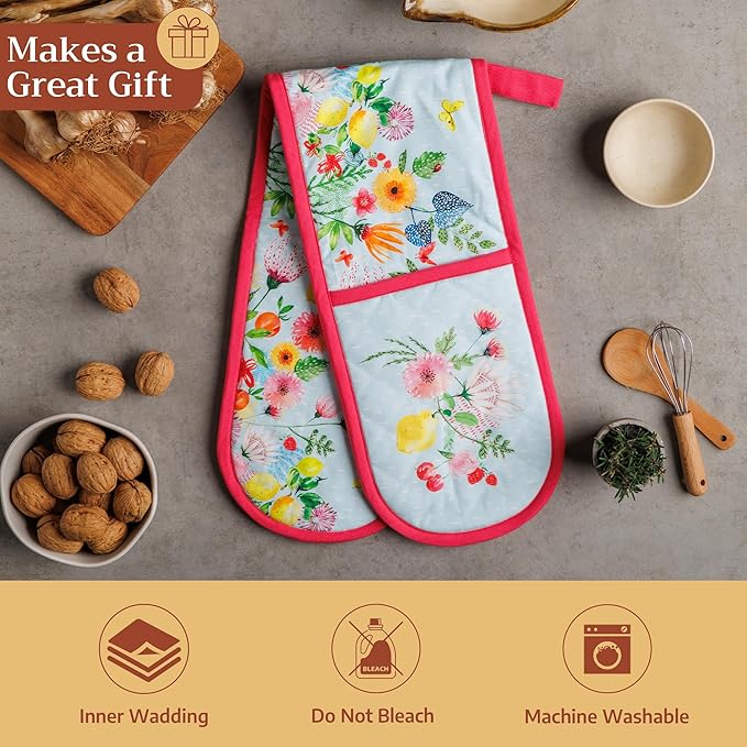 Maison d' Hermine Double Oven Mitts 100% Cotton 7"x35" Double Oven Mitt Heat Resistant BBQ Cooking Gloves with Loop Baking Grilling Gifts for Mothers Day Spring Summer (Jardin D'Ete - Mint)