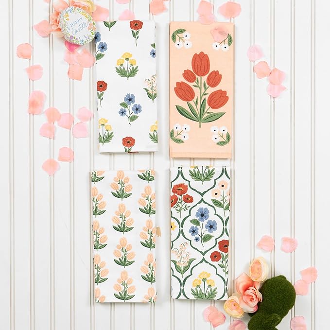 Ritz 100% Cotton Kitchen Towels, Tulip Trellis Floral – 16"x26" – Absorbent Dish Towels for Drying & Cleaning – Soft & Durable (Set of 4)