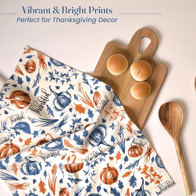 The Fine Living Company Set of 2 Thankful & Grateful Printed Dish Towels, Hand Towels, Boho Tea Towels - Multifunctional, Stylish, Absorbent, Quick Dry, Soft 18" x28", 100% Cotton, Blue & Orange