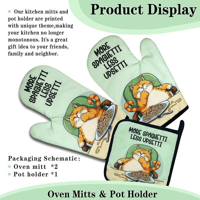 Cute Cat Oven Mitts and Pot Holders Set of 3, More Spaghetti Less Upsetti, Heat Resistant Non-Slip Kitchen Mitts Hot Pads, Spaghetti Lovers Gifts, Housewarming Gifts for Hostess Chef Friend