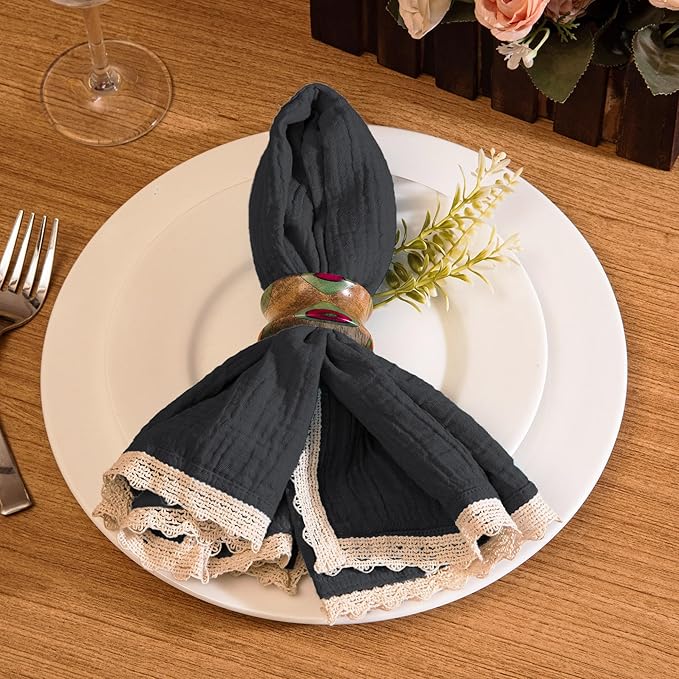 Fingercraft Dinner Cloth Napkin Cotton Muslin Double Gauze 4 Pack with Classic Lace for Everyday Use, Wedding, Party, Christmas, Easter Napkins Cloth are Pre Shrunk and Good Absorbency Black