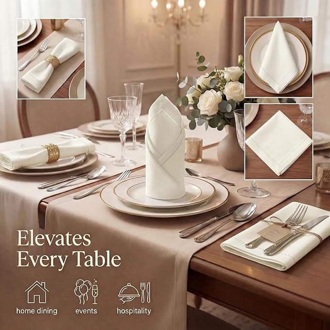 Urban Villa Cloth Napkins Ivory Hemstitch Dinner Napkins Set of 12 (20X20)100% Cotton Absorbent Washable Durable Reusable Ideal for Easter Decorations Farmhouse Parties Restaurant Lunch Dinner Napkins