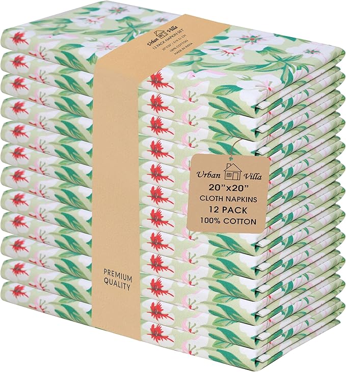 Urban Villa Dinner Napkins Lilly Print Cloth Napkins Set of 12 Premium Quality Dinner Napkins Cotton Oversized 20X20 Inches Cloth Napkins with Mitered Corner Ultra SoftDinner Napkins