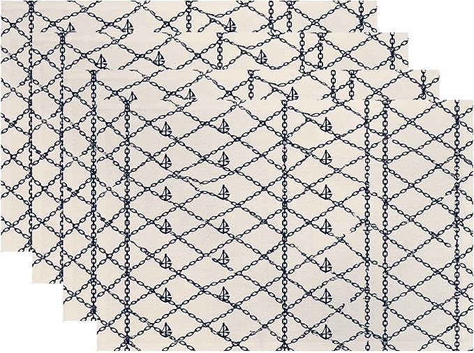 Batmerry Maritime Anchors Placemats, Chain Link Nautical Elements Washable Linen Table Mats for Kitchen Table Double Insulation Decor Dining Set Indoor Outdoor 12X18 in Set of 4