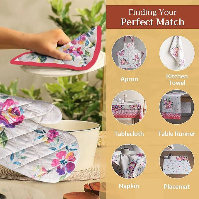 Maison d' Hermine Pot Holders 100% Cotton Heat Resistant Potholders 8" x 8" Hot Pads with Loop BBQ Cooking Baking Gifts for Mothers Day Handling Hot Pans Spring/Summer (Pack of 1, Rose Garden)