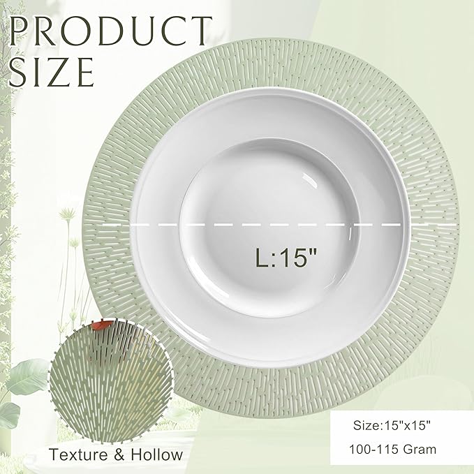 Snowkingdom Sage Green Easter Placemats Set of 8, Vinyl Hollow Spring 15 Inch Round Sage Green Place Mat, Washable Easy Clean Wipeable Non Slip Dining Table Mats for Wedding Bridal Shower Party Decor