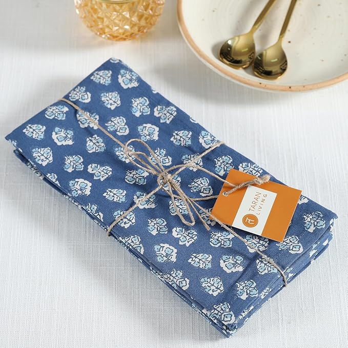 Taran Living Cloth Napkins Set of 12, Printed Floral Blue Fall Dinner Napkins, Soft Washable Table Napkins for HaloweenThanksgiving Christmas Parties Holiday Farhouse Décor, 18x 18