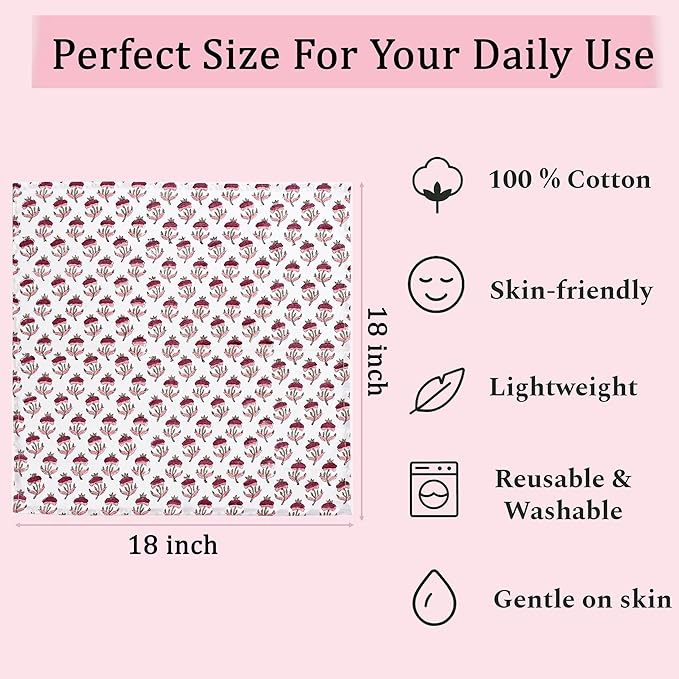 Ridhi Rosewood Pink Meadow Hand Block Print 100% Cotton Napkins 18" x 18" (Set of 4) Reuseable Kitchen Napkins Cloth Decor Dinner Party Cocktail Gift for Spring, Easter, Valentine