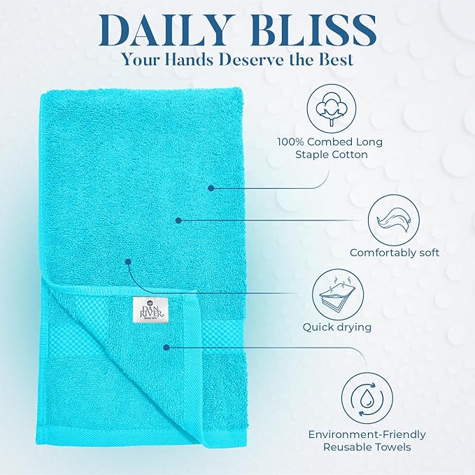 DAN RIVER 6-Pack Premium Hand Towels (16x28 Inches) - 100% Cotton, Ultra Soft, Lightweight, Highly Absorbent Towels for Bathroom, Spa, Gym, Salon, Hotel, and Travel - Turquoise